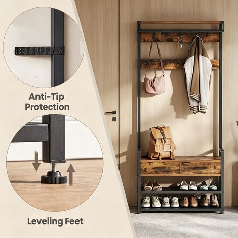 Wooden Hall Tree Coat Rack with Shoe Bench Storage, Vintage Brown Finish, Dimensions 30 x 80.4 x 181.6 cm (1/5)