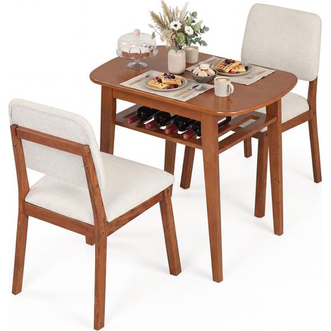 COSTWAY Set Tavolo 2 Sedie Pranzo Tavolino Salvaspazio Mobile Legno Ripiano Portabottiglie Aperto Mensola Telaio Metallo Resistente Cucina Elegante Persone Po (1/5)