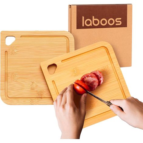 Petite Planche à Découper Bois – Lot de 2 Planches à Découper Bambou 18x18cm, Mini Planche à Découper avec Rainure Jus et Suspension – Légère et Compacte (1/5)