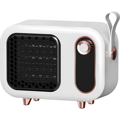 Mini radiateur portable blanc rétro, économe en énergie avec protection surchauffe. Idéal maison, bureau, chambre, tente, caravane.