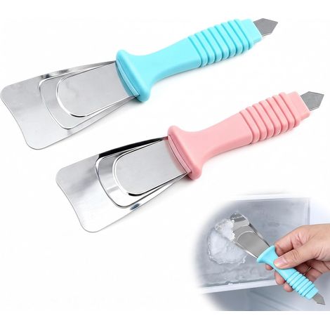 Grattoir Glace Réfrigérateur Congélateur Lot de 2, Pelle Dégivrage Inox Bleu Rose, Poignée Anti Givre Rapide (1/5)