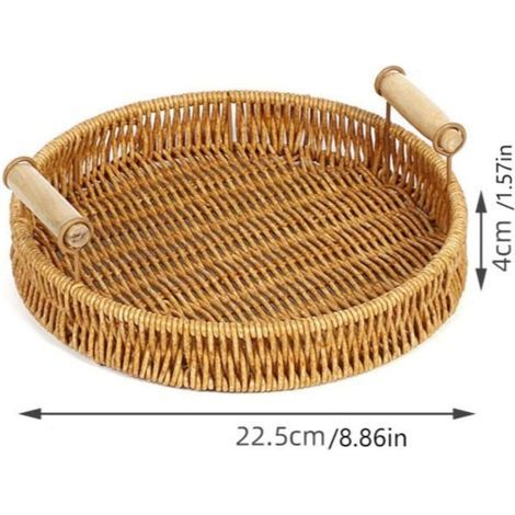 FITLAB-Panier de service rond et rectangulaire fait main en rotin anti-rotin - Support rond tressé pour pain, fruits, bol, plateau décoratif plat en osier pour bonbons, plateau rustique (petit modèl (1/4)