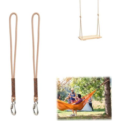 Kit de suspension pour hamac (2 pièces) - Fixation pour balançoire - Sangles avec mousquetons - Réglables - Cordes de suspension robustes de 60 cm - Pour balançoire et fauteuil suspendu - Marron (1/5)