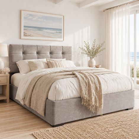 Letto contenitore singolo 90x200 cm, con rete doghe e sollevamento idraulico, in velluto grigio chiaro, senza materasso (1/5)