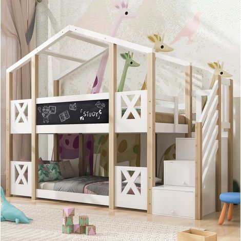 MODFU – Letto a soppalco per bambini 90x200 cm in pino e pannelli con cabina, scala contenitore, lavagna, portata 120 kg e EN 747 – Bianco e naturale (1/5)