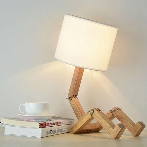 1 lampe de chevet robot en bois avec abat-jour en tissu, culot E27, réglable, pour bureau moderne ou chambre d'enfant (1/5)