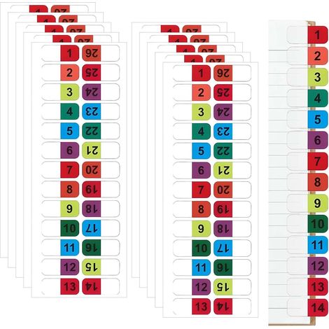50 feuilles d'onglets numériques autocollants numérotés de 1 à 26 – d'onglets autocollants colorés pour livres, dictionnaires et classement