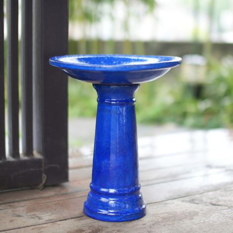 Bañera para pájaros de cerámica Ø 31,5 cm x H 38 cm, azul esmaltado, resistente a heladas OKMYHOME
