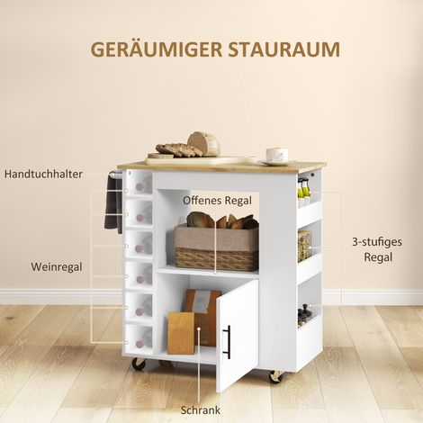 Chariot de cuisine roulant blanc avec tiroirs, rangement bouteilles, étagères, plan de travail et placard (1/4)