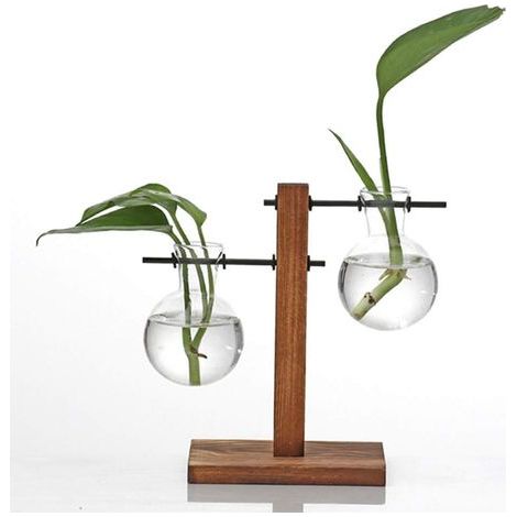 Retro-Tisch-Hydroponik-Terrarium mit Holzsockel und kugelförmiger Glasvase, ideal für die Wasserkultur, Pflanzenvermehrung und als Dekoration für Haus und Garten. (1/5)