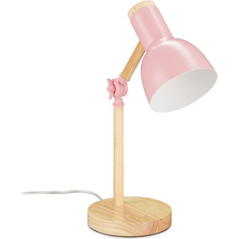 Relaxdays Lámpara para Escritorio, Luz Mesita Ajustable Retro, Madera y Metal, Rosca E14, 45,5 x 14,5 cm, Rosa