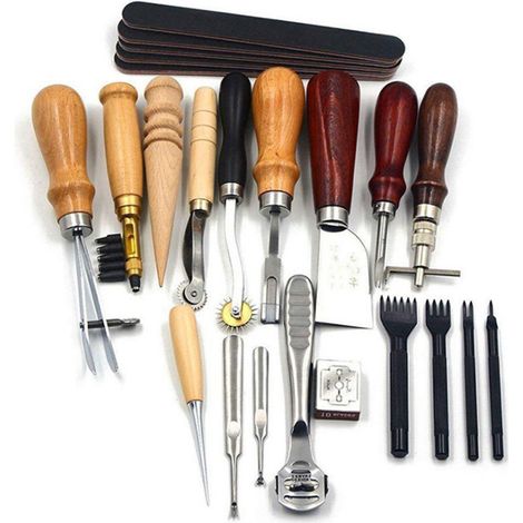 Ensemble de 19 outils de marquage et de poinçonnage pour cuir, idéal pour la couture et la gravure manuelle. (1/5)