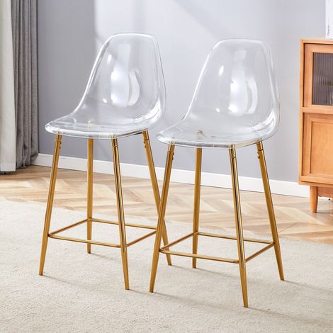 Taburete de bar moderno, asiento transparente, patas metálicas doradas, plástico (1/5)