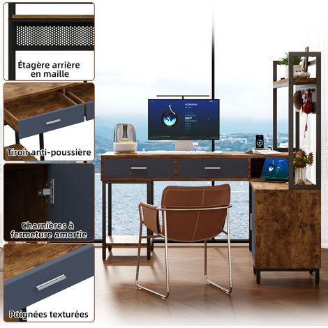 Bureau d'angle noir et bois en MDF et métal avec tiroirs et étagères pour bureau, chambre et télétravail (1/5)