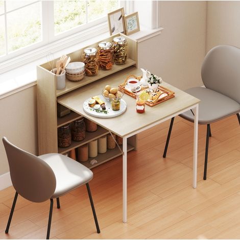 Ausziehbarer Esstisch (78,5x91x93 cm), einseitig klappbar, mit 3 Regalen, Holz, Eiche (1/5)