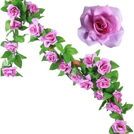 Lot de 2 guirlandes de roses artificielles de 2,3 m (7,5 pi) pour décoration festive, guirlande de fleurs en soie à suspendre pour décoration murale extérieure. (1/5)