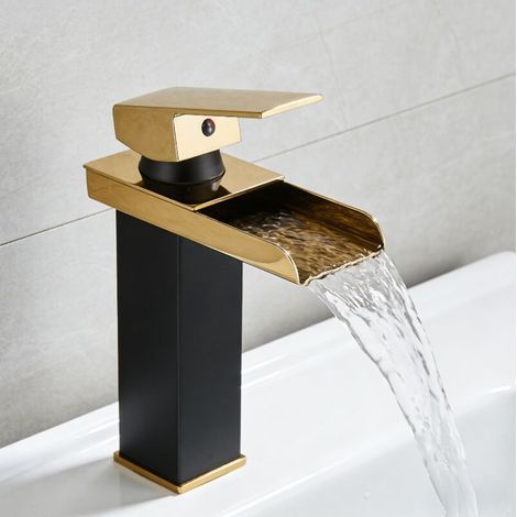 TAISHENGDA-Robinet de salle de bain cascade à large rebord noir et doré avec tuyau d'arrivée de 60 cm Mitigeur de lavabo à bec large de style européen avec eau chaude et froide (1/5)