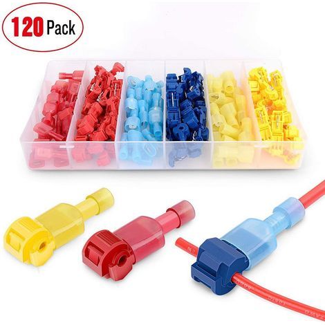 120 Pcs T-Connector Wire Quick Electrical Lug Connector, T-Tap Quick Connector, Fully Insulated Terminal Connector Kit - Blue x 40pcs, Yellow x 40pcs, Red x 40pcs (1/5)