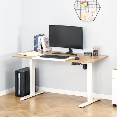 Bureau électrique réglable 140x70 cm en métal blanc et bois, gain de place pour bureau FloraGrace (1/5)