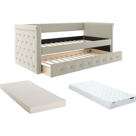 Letto divano a scomparsa trapuntato 2 x 90 x 190 cm in Tessuto Beige + Materasso - LOUISE