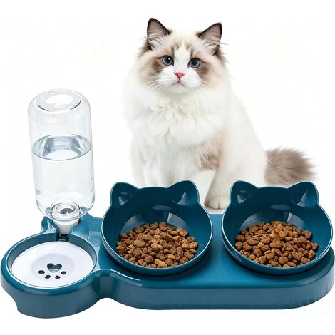 3 in 1 Cat Bowl, 15° Tilting Water, Elevated, Bowls and Drinkers, Bowl, Kitten Accessories, Feeder, Available for Cats and Puppies (Green) (1/5)