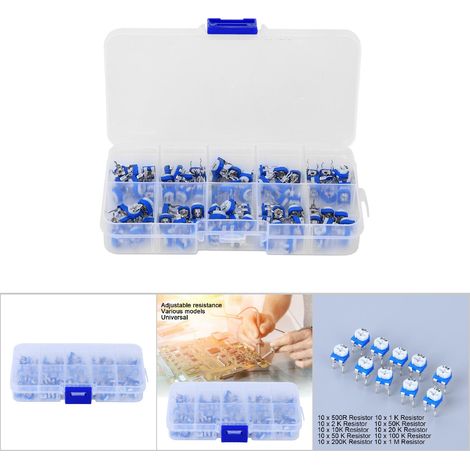 Kit de 100 résistances ajustables bleues et blanches, potentiomètres pour régulation électronique et fournitures électriques. (1/5)