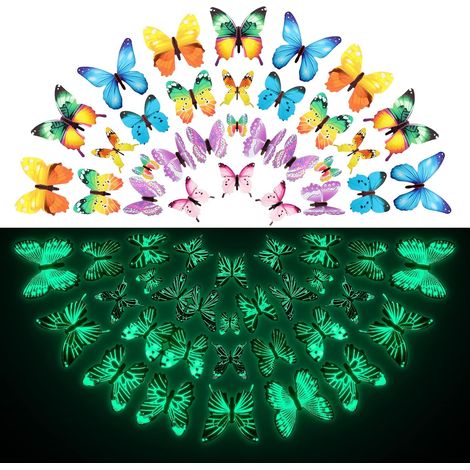 96 papillons décoratifs muraux phosphorescents pour plafond, adhésifs et amovibles, en 3D, pour chambre d'enfant, chambre de bébé, salon, maison et jardin. Multicolores. (1/5)