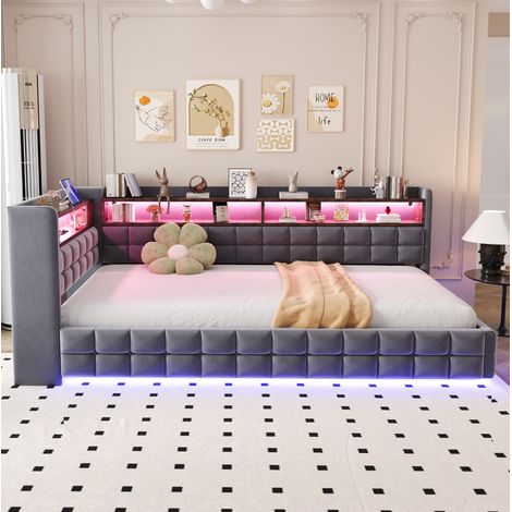 Letto divano 90x200 cm velluto grigio scuro con vano LED, salvaspazio, senza materasso – MEUBLIV (1/5)
