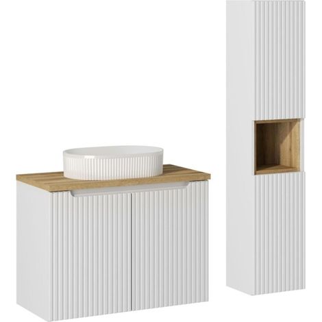 Ensemble VANO weiß 110cm: Unterschrank mit Schränken + Platte für Waschbecken + aufgesetztes gerilltes weißes Waschbecken + Säule