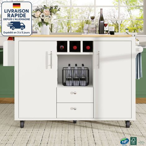 MODFU - Carrito de cocina con ruedas, 2 puertas, 2 cajones con mesa plegable, mueble de almacenaje para salón, MDF, blanco (1/5)