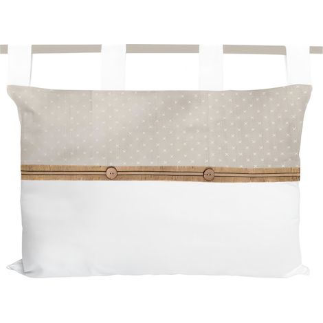 Soleil D Ocre – Tête de lit en coton 45X70 cm – Finition à pattes – Fermeture zip – Boutons en bois – Frise en jute – Couleur écru