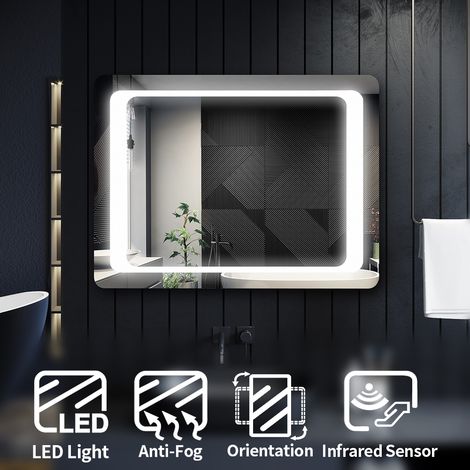 ELEGANT Bathroom Mirror Anti-Fog Illuminated LED Copper-Free Silver Mirror Wall Mounted 800x600mm Mirror with Infrared Sensor (1/4)