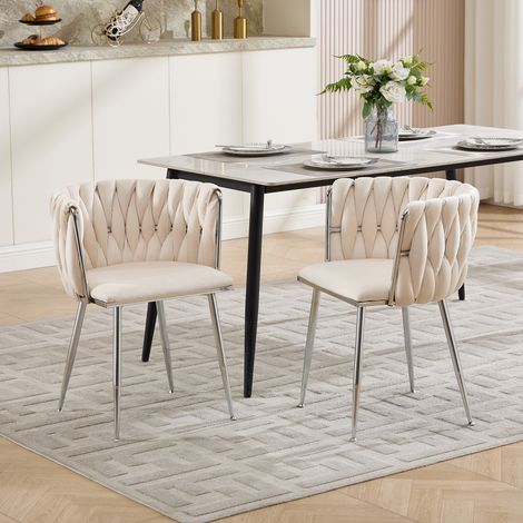 Set di 2 sedie da pranzo in tessuto color avorio con gambe in metallo argento (1/5)