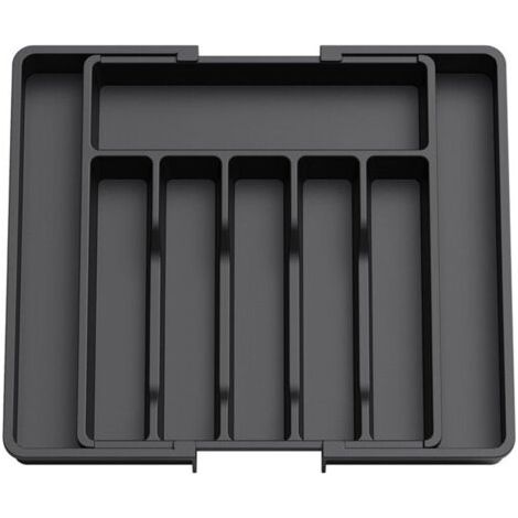 Organiseur rétractable pour couverts – Support de rangement pour tiroir de cuisine en plastique, grand modèle noir pour cuillères, fourchettes et couteaux