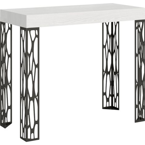 Console extensible design bois et acier anthracite Kiza 2 pieds 3 rallonges-Blanc-2 pieds-3 rallonges (1/5)