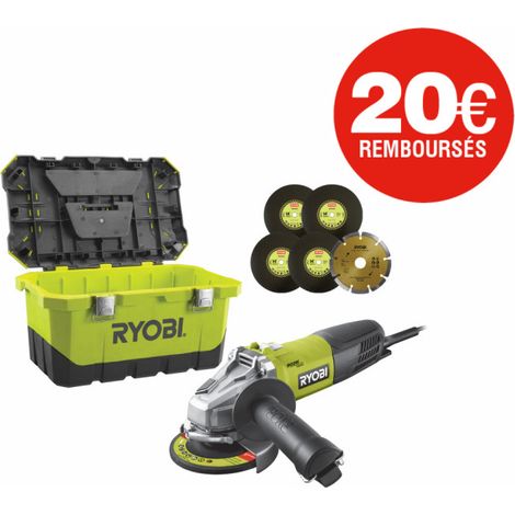 Meuleuse d'angle RYOBI 800W 125mm - 1 disque diamant - 5 disques à ébarber - Toolbox RAG800-125TA6 (1/5)