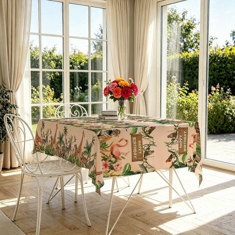 Nappe rectangulaire imprimée palmiers tropicaux et fleurs, 1 pièce, idéale pour la décoration estivale de votre maison. Légère et parfaite pour vos repas d'été. (1/4)
