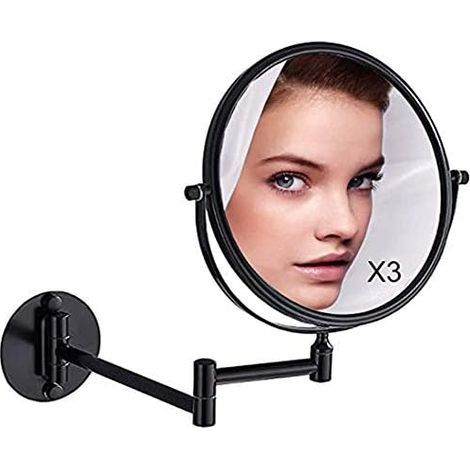 Miroir Maquillage Mural x3, Noir Miroirs de Maquillage Miroir Salle De Bain 20 cm Miroir Mural Double, Pivotant et Extensible à 360 ° (1/4)