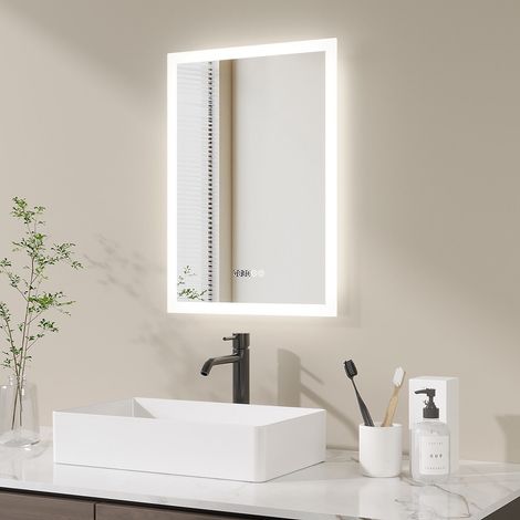 AQUABATOS Badspiegel Lichtspiegel rechteckig LED Touchschalter Wandspiegel Dimmbar mit Aluminiumrahmen Spiegel für Badezimmer Antibeschlag 50 x 70 cm (1/5)