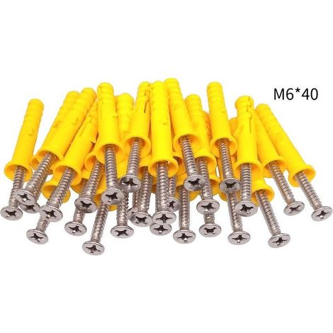 Lot de 100 vis autotaraudeuses à tête cruciforme plate en acier inoxydable 304, M6 x 40 mm, et chevilles d'expansion en plastique (1/4)