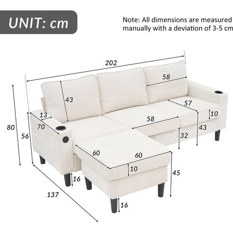 Sofá esquinero en L 202x137x80 cm de lino beige con USB y portavasos - MEUBLIV