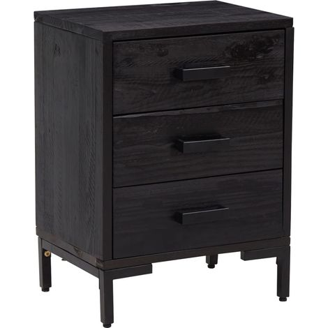 Mesita de noche con 3 cajones 40 x 30 x 55 cm madera de pino negro y metal DEC034402 (1/5)