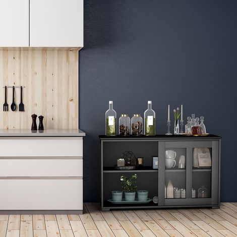 Black Sideboard with Sliding Glass Doors, Adjustable Shelves (1/5)