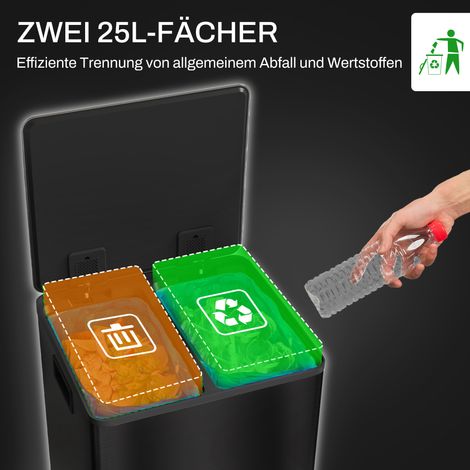 Poubelle double compartiment 25 L, couvercle à fermeture silencieuse, anti-empreintes, en acier inoxydable noir (1/4)