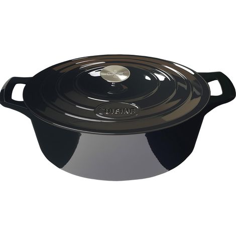 Cocotte ovale en fonte émaillée avec couvercle, extérieur noir brillant, intérieur émaillé noir mat, compatible four pour la cuisson du pain, 33 x 25 x 16 cm, capacité 6,5 L (1/5)