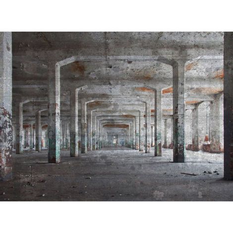 Papier peint panoramique trompe l'oeil béton gris Tapisserie panoramique grise bâtiment désaffecté Papier peint panoramique style industriel pour salon (1/4)