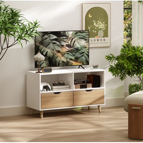 Meuble TV bas en bois 99 cm avec 2 compartiments ouverts et 2 tiroirs, blanc, OKWISH (1/5)