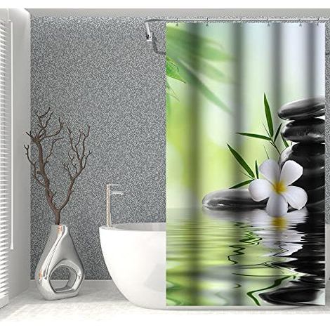90x180cm Eau Spa Rideau de Douche Vert Bambou Feuilles Orchidée Fleur Zen Méditation Basalte Pierres Floral pour Salle de Bains Polyester avec Crochets (1/4)