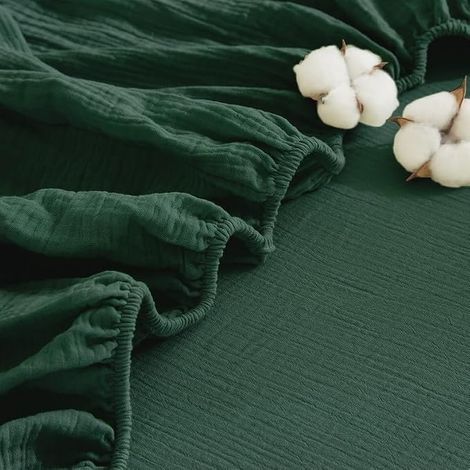 Mousseline Drap 180x200 100% Coton Vert Foncé Unie Drap de lit Gaze de Coton Drap Housse Respirant pour Matelas Épais Hypoallergénique sans Repassage Ourlet Élastique La Peut Atteindre 30cm (1/5)