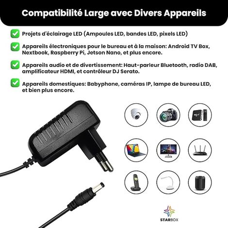 Alimentation AC 100-240V vers DC 12V 1A, Fiche Jack 5.5 x 2.5 mm, Box TV, Android TV, Routeur, Caméra, Bande LED (12V-1A 5.5 x 2.5 mm)